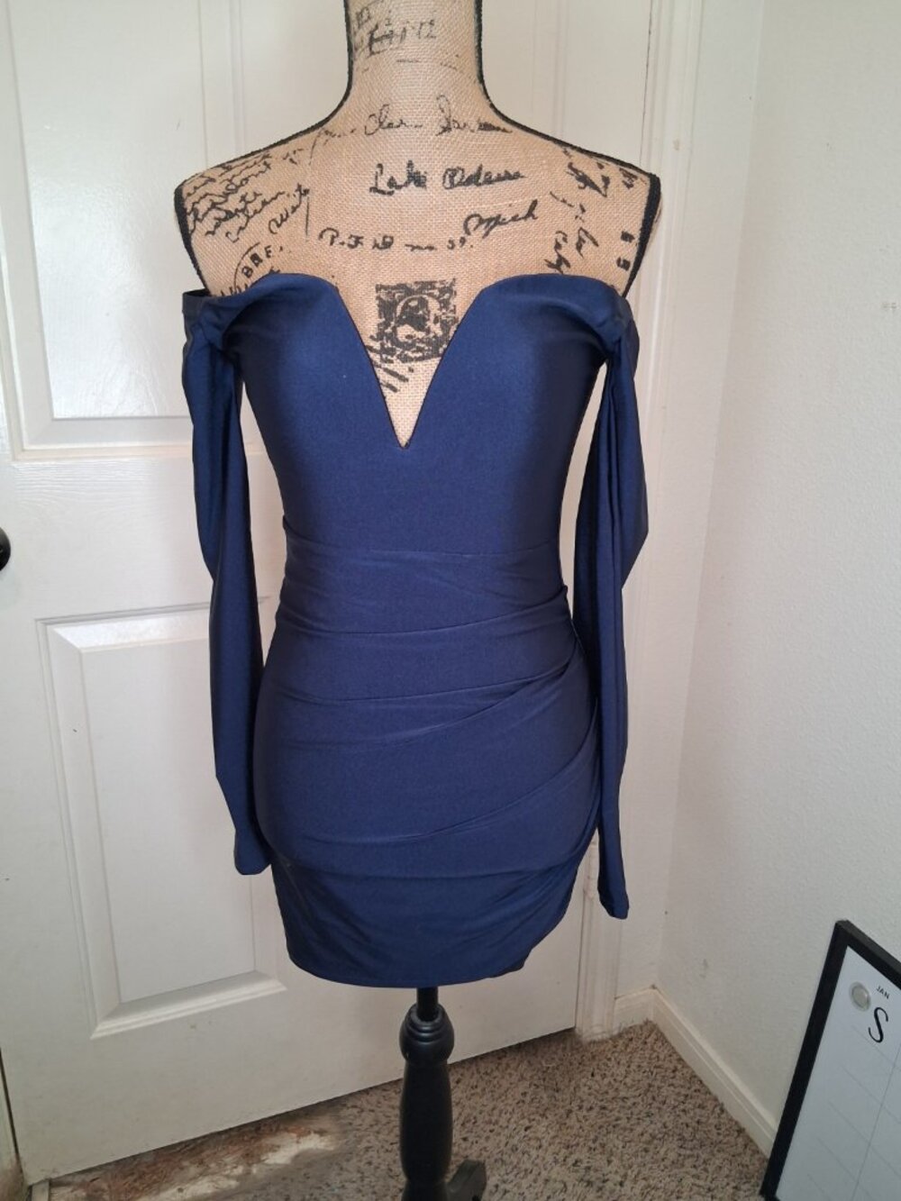 Navy Blue Off Shoulder Plunge V Long Sleeve Bodycon Mini Dress Size S